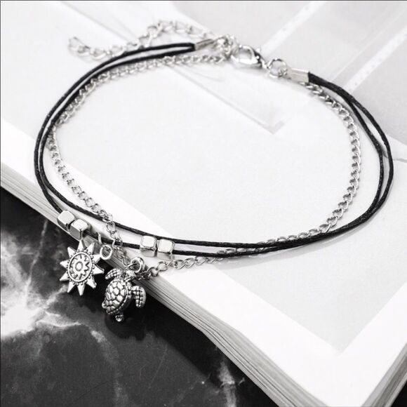 Silver Black Multi Charm Sun, Sea Turtle, Beads Anklet Set - Picture 4 of 6